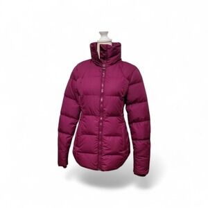 Athleta Womens Down Puffer Jacket Berry Purple Quilted Funnel Neck Full Zip Coat